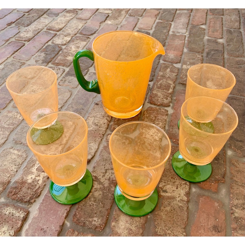 Adorable & Unique Orange and Green Bubble Glass Pitcher and Glasses (5)